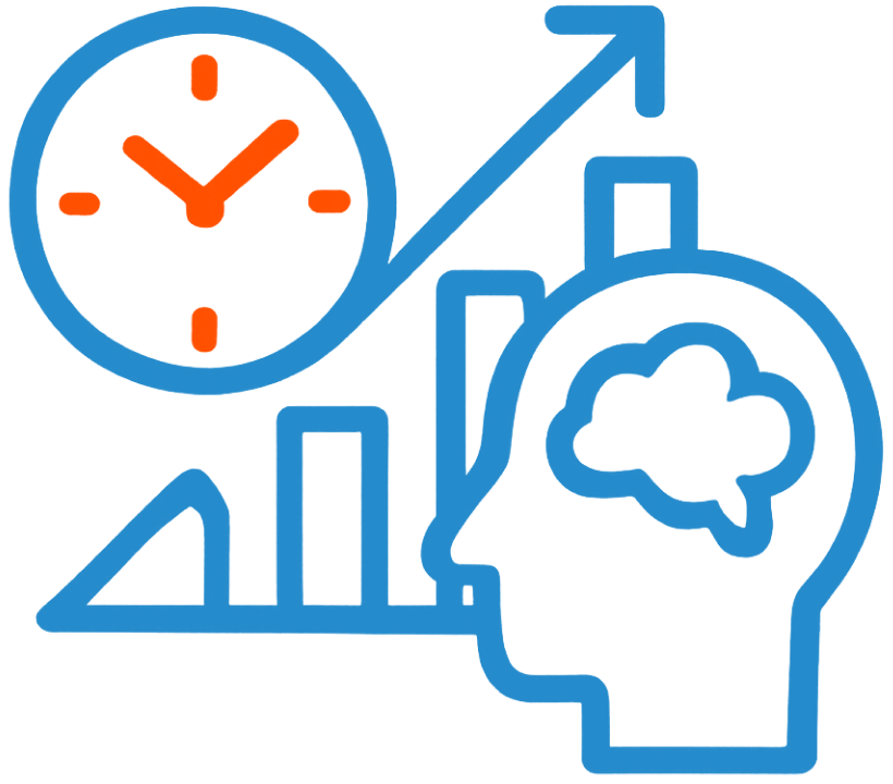 Blue outline of a head with a brain, bar graph, upward arrow, and clock, representing time management and cognitive or business growth—perfect for illustrating the expertise of a business scaling coach.