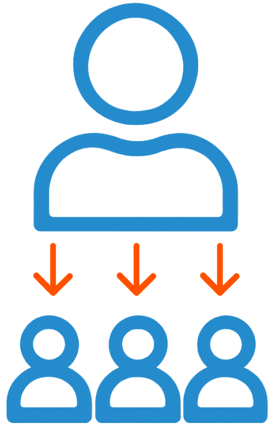Blue outline of a large person icon above three smaller icons, connected by orange arrows, illustrating delegation or distribution—ideal for a business scaling coach emphasizing effective team leadership and growth.