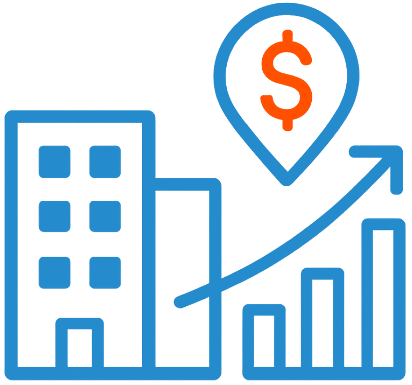 Blue outline of a building beside a rising bar graph; an arrow leads to a red dollar sign in a map marker, symbolizing business growth with guidance from a business scaling coach.