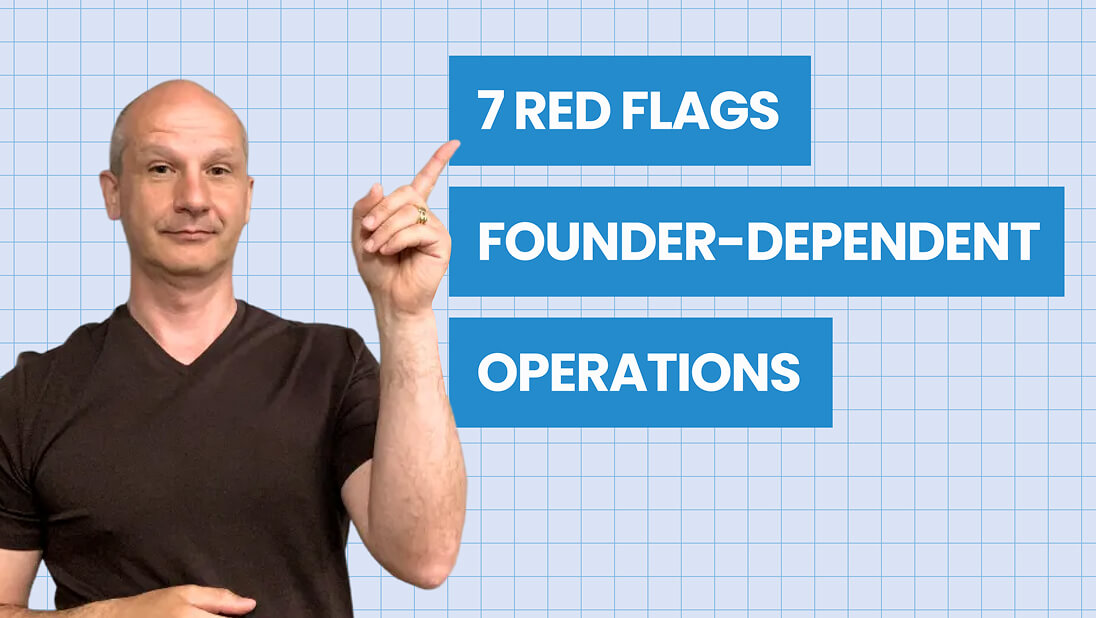 A business scaling coach points upward next to text boxes stating "7 Red Flags," "Founder-Dependent," and "Operations" on a grid background.
